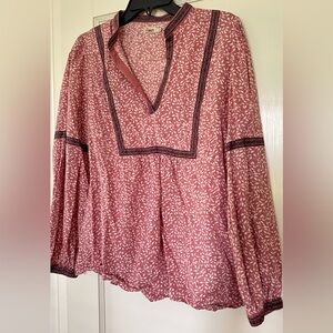 White and Red Long Sleeve Boxy Blouse with Bib Collar